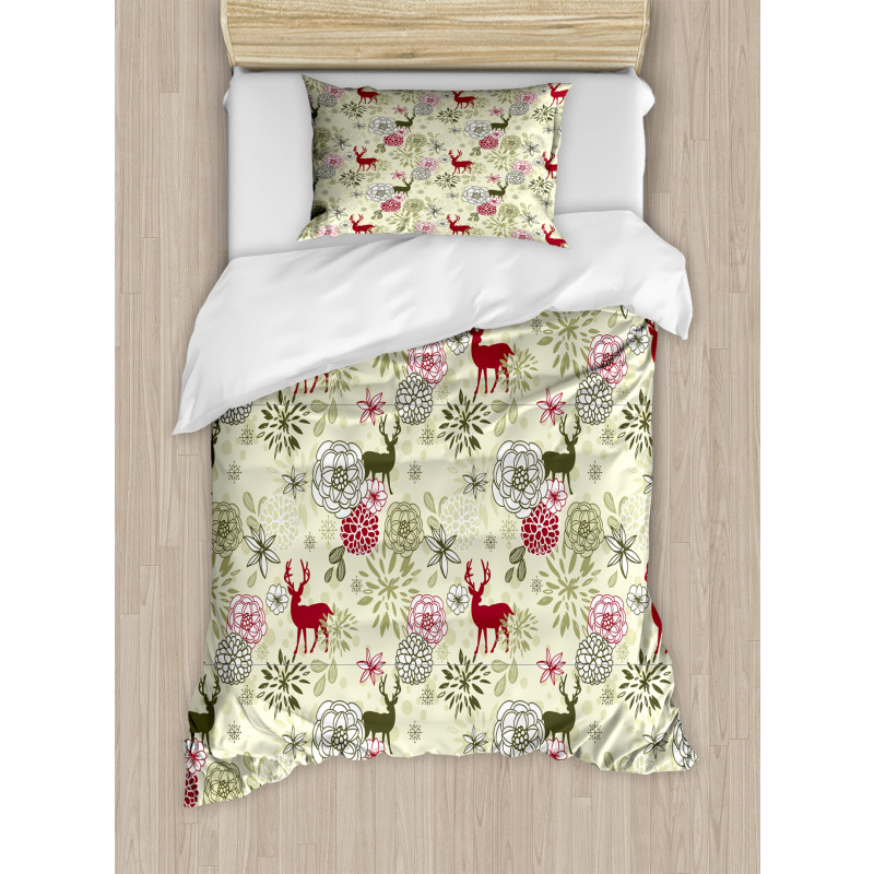 Deer Flowers Christmas Duvet Cover Set