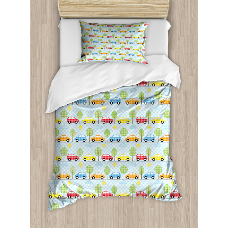 Checkered Cars with Trees Duvet Cover Set