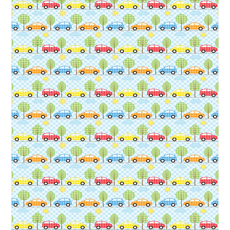 Checkered Cars with Trees Duvet Cover Set