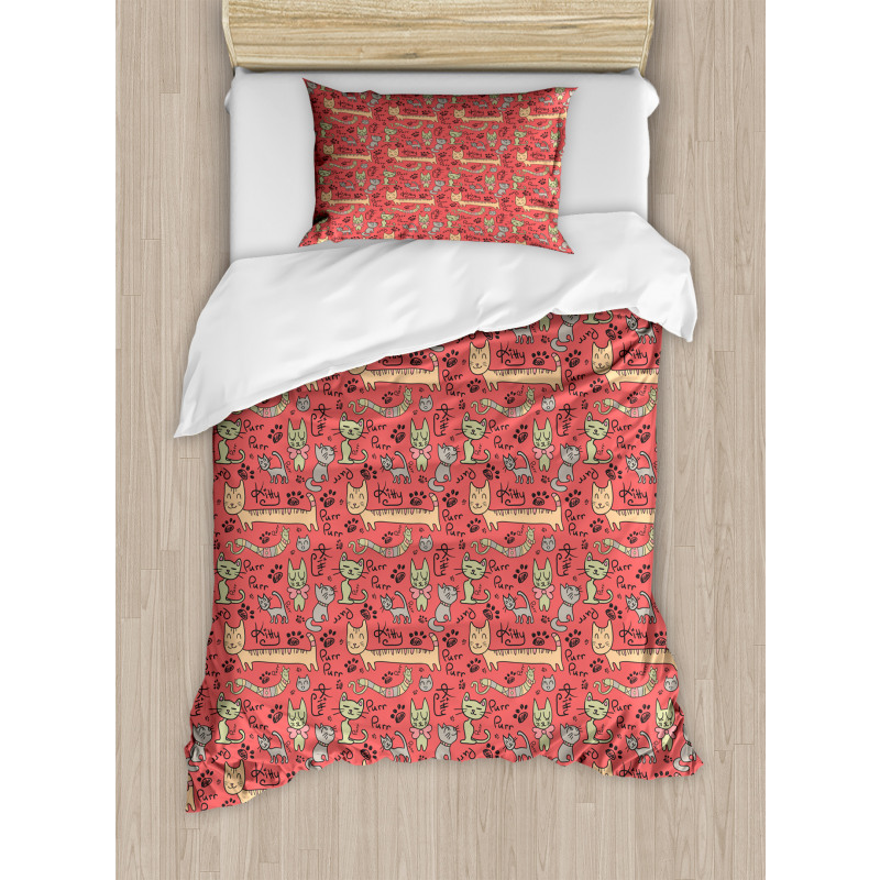 Kitty Doodle Paws Bow Tie Duvet Cover Set