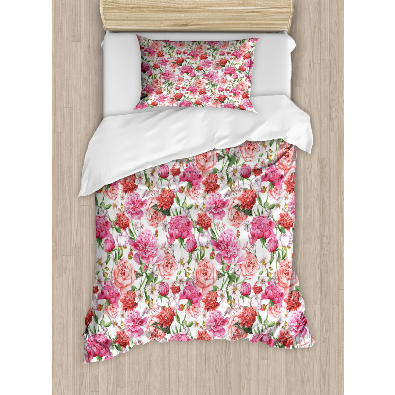 Pink Peonies Roses Duvet Cover Set