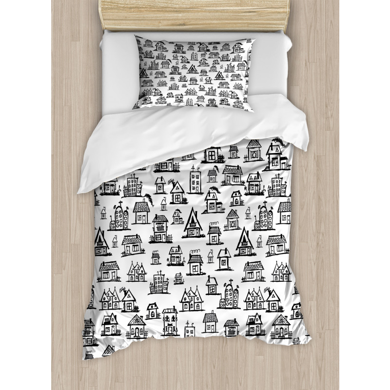 Village Houses Doodle Town Duvet Cover Set