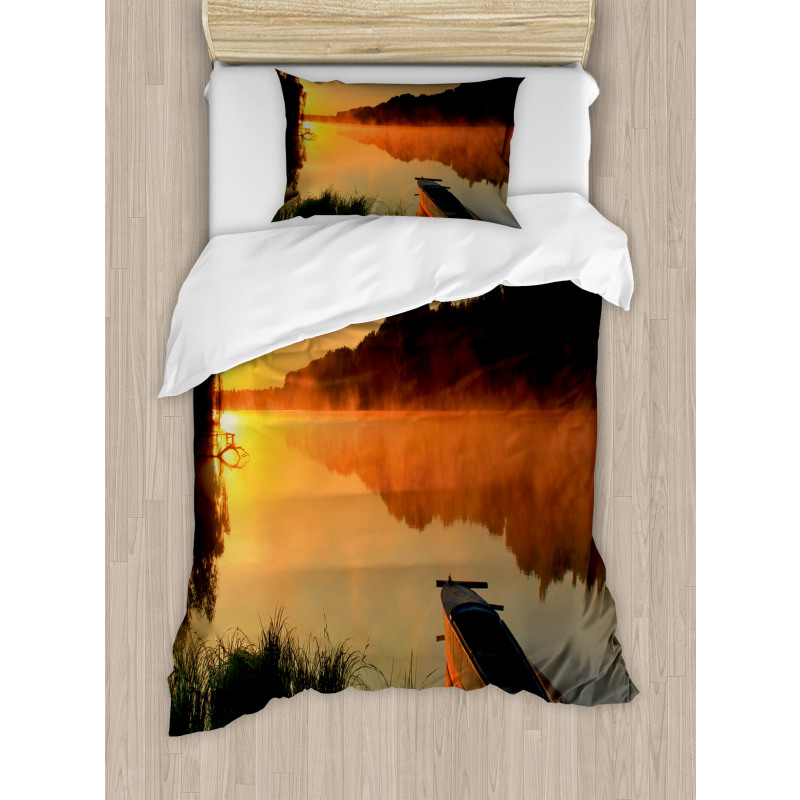 Boat on Misty Shoreline Duvet Cover Set