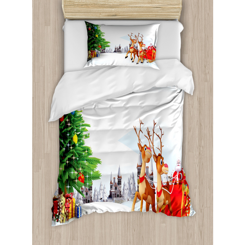 Snowy Village Sleigh Tree Duvet Cover Set