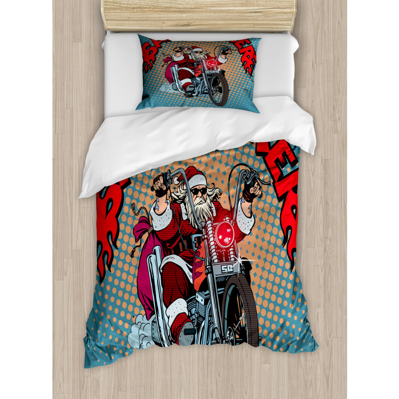 Pop Art Retro Biker Santa Duvet Cover Set