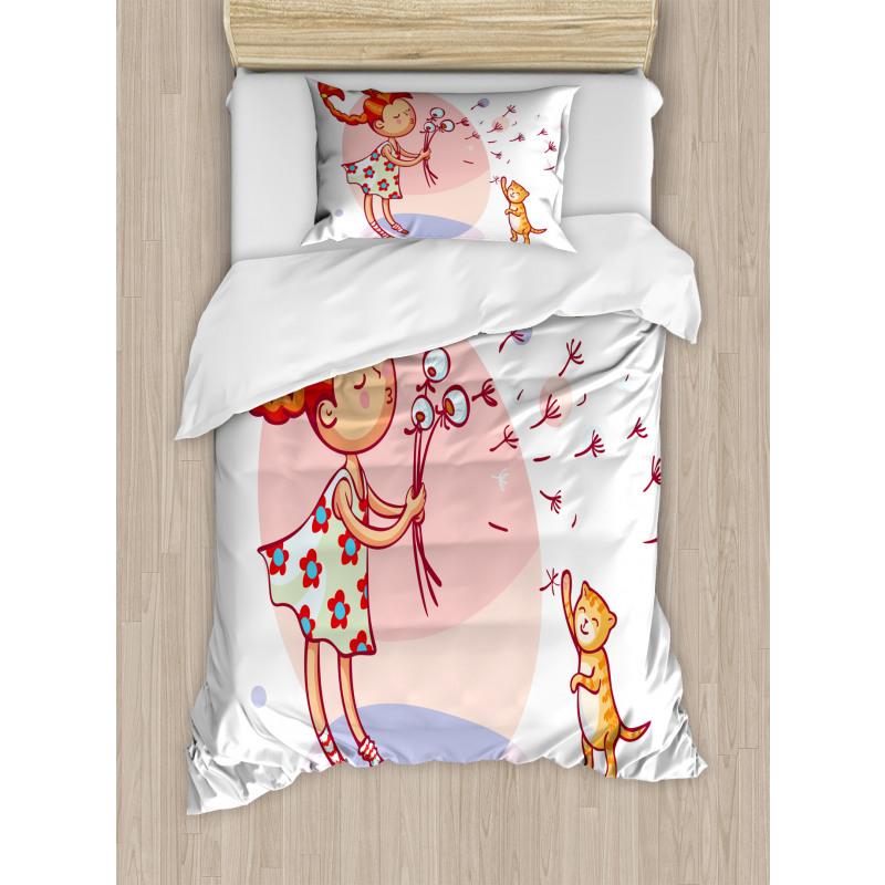 Cartoon Girl and Cat Duvet Cover Set