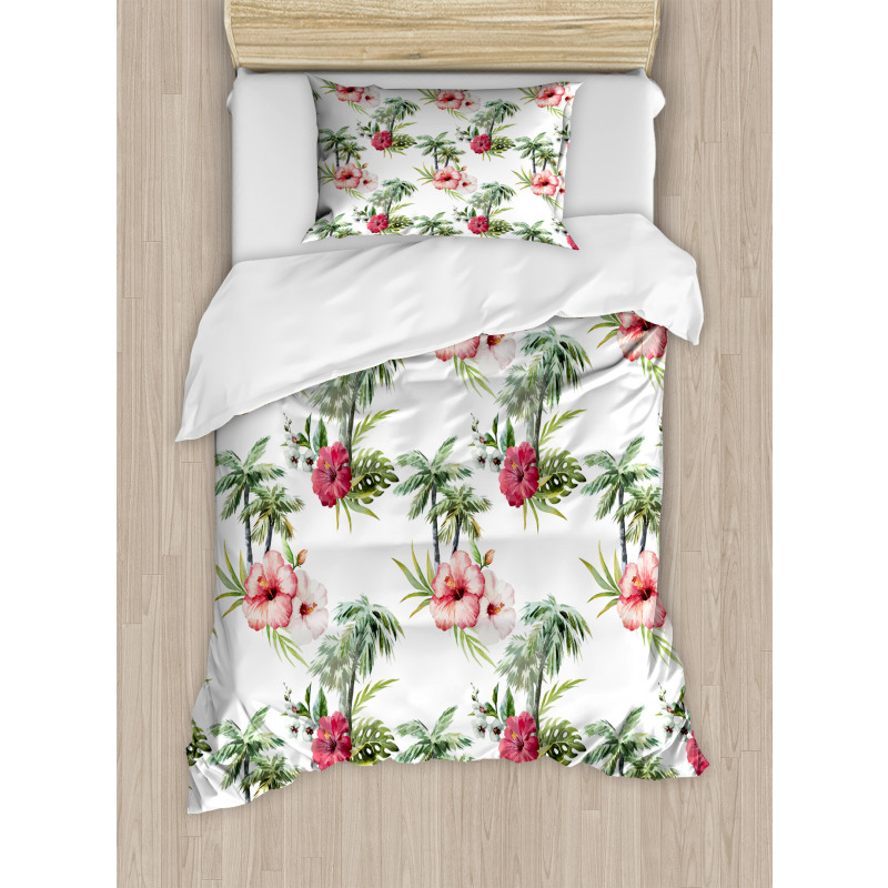 Palm Trees Hibiscus Duvet Cover Set