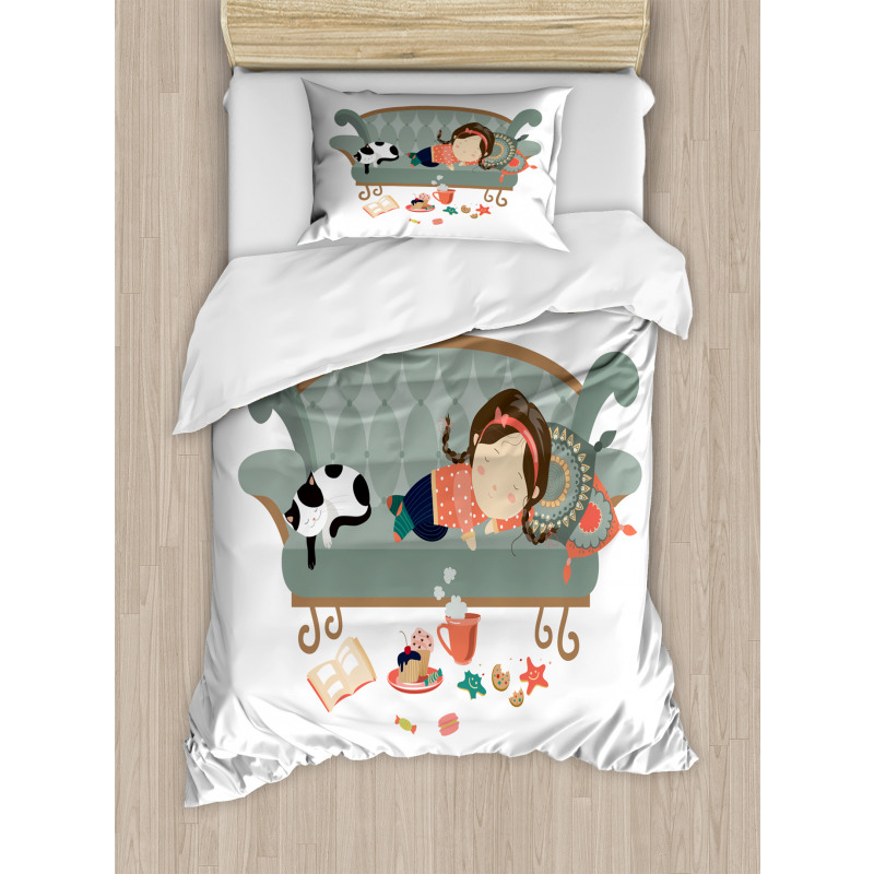 Sleeping Girl with Cat Duvet Cover Set