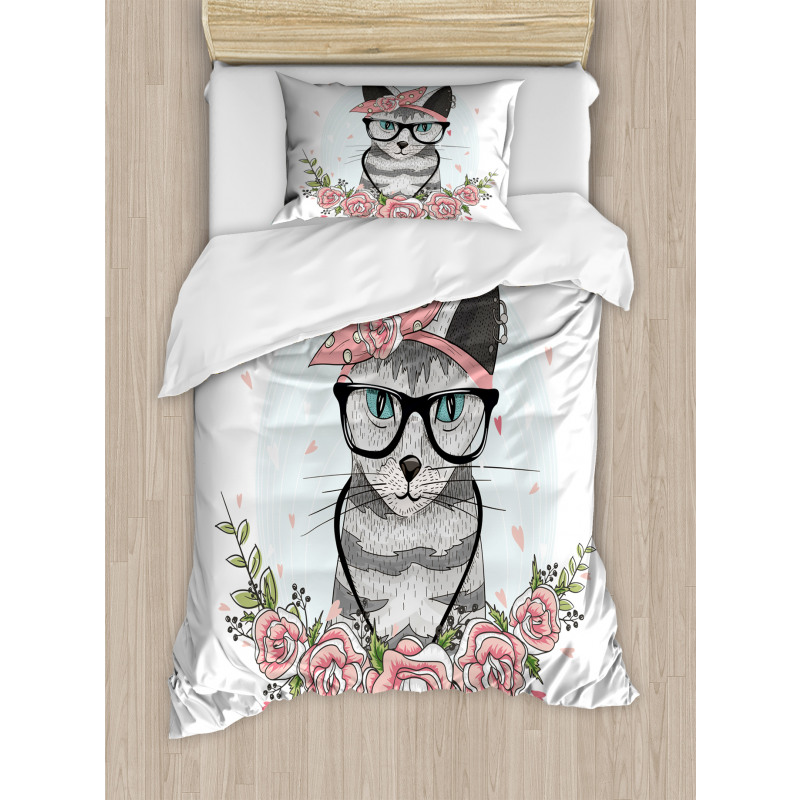 Hipster Cool Cat Portrait Duvet Cover Set