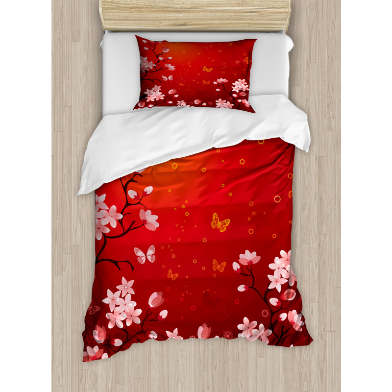 Abstract Sunset and Sakura Duvet Cover Set