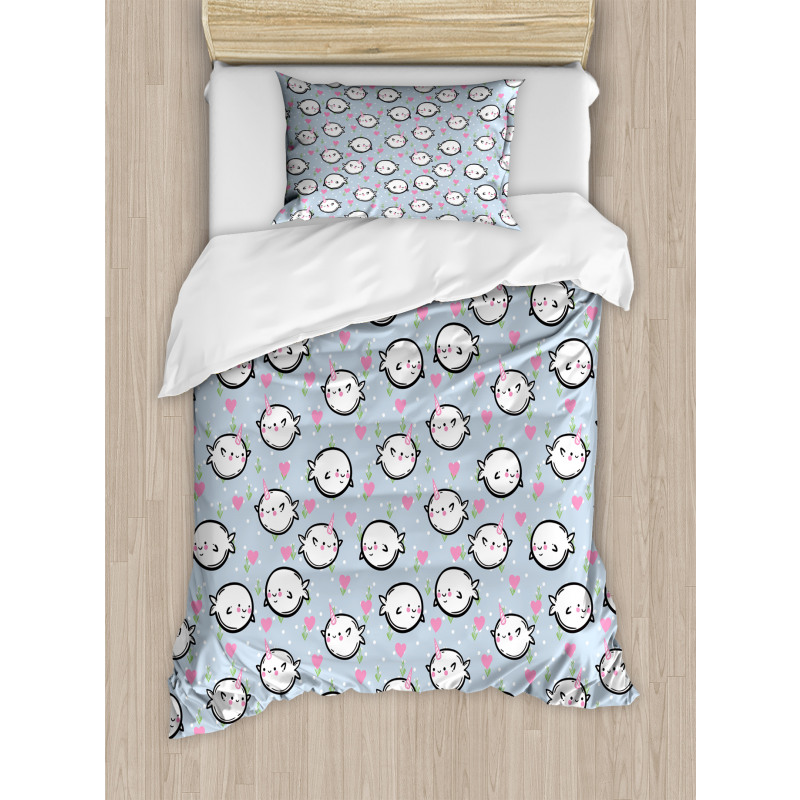 Cartoon Whales Hearts Duvet Cover Set