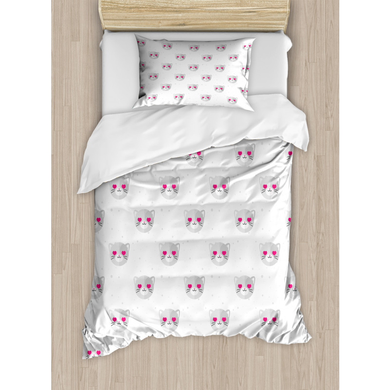 Kitty Faces Pink Hearts Duvet Cover Set