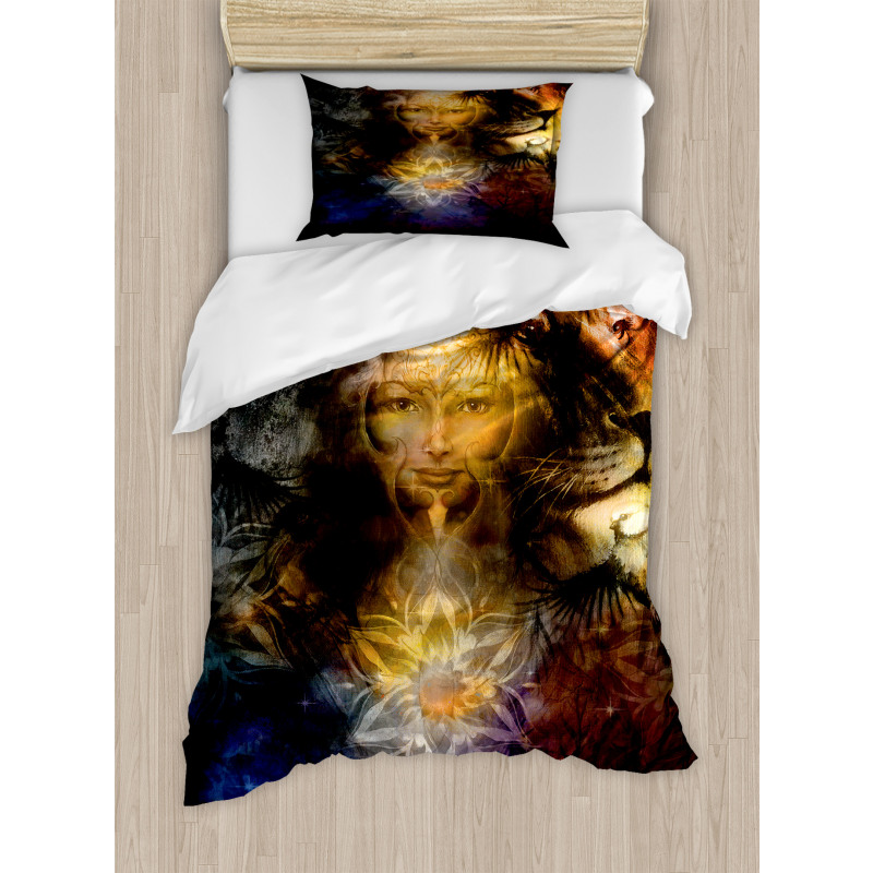 Woman Lion and Flower Duvet Cover Set