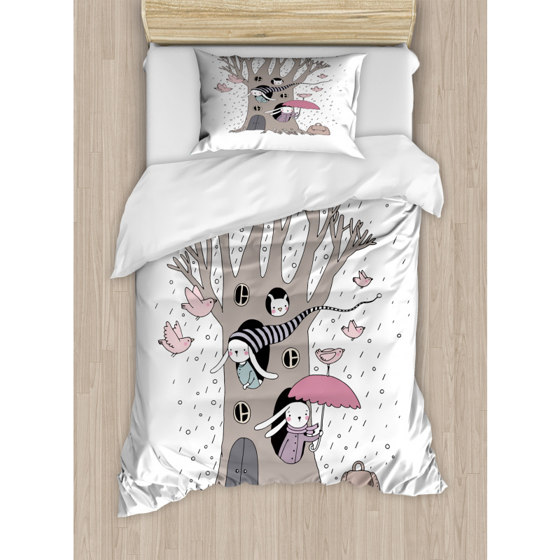 Bunny Family Rain Birds Duvet Cover Set