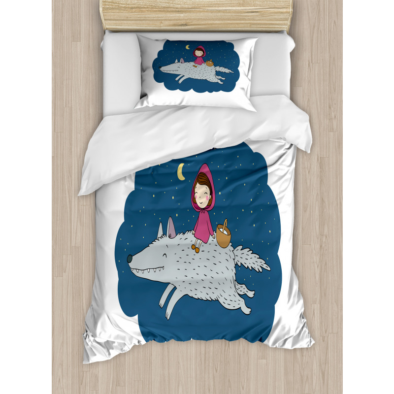 Cartoon Girl on Giant Wolf Duvet Cover Set