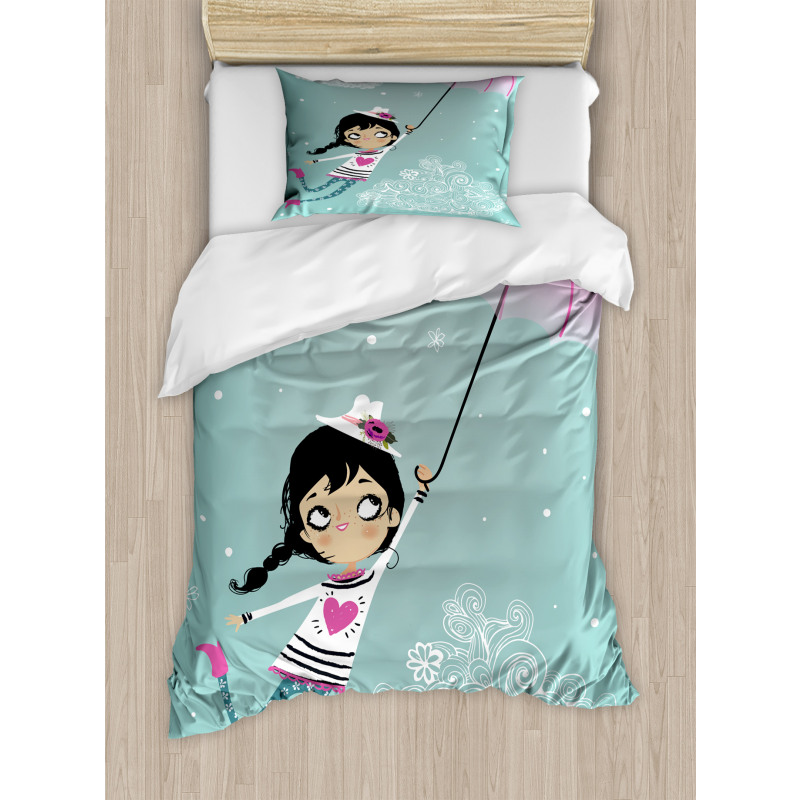 Girl with Pink Umbrella Duvet Cover Set