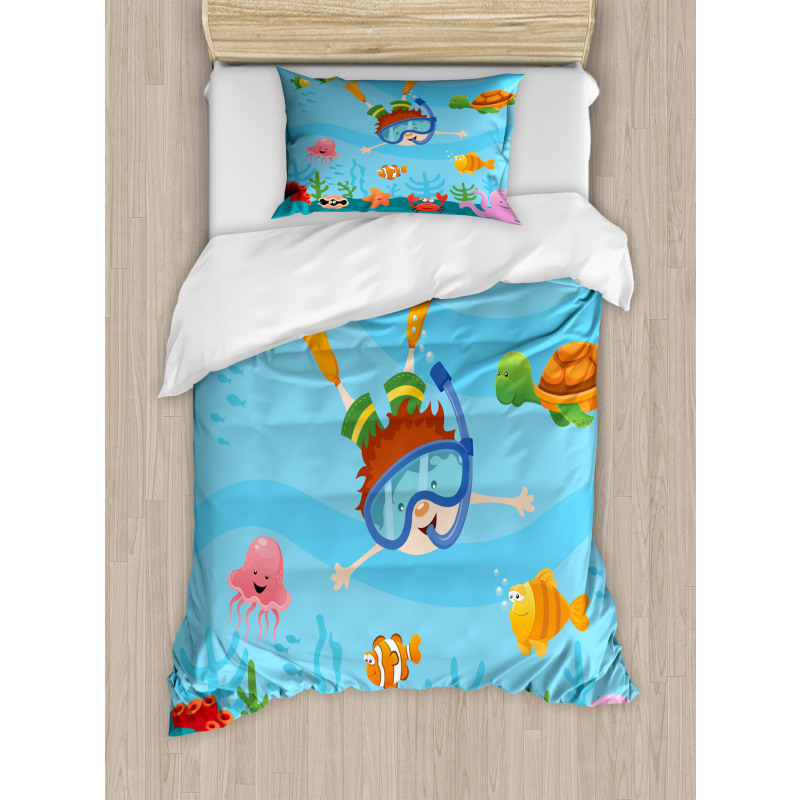 Cartoon Boy Diving to Sea Duvet Cover Set