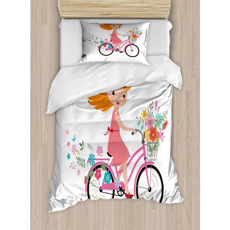 Happy Girl on Bike Flowers Duvet Cover Set