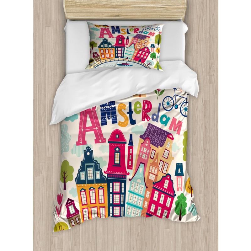 Cartoon Amsterdam Houses Duvet Cover Set