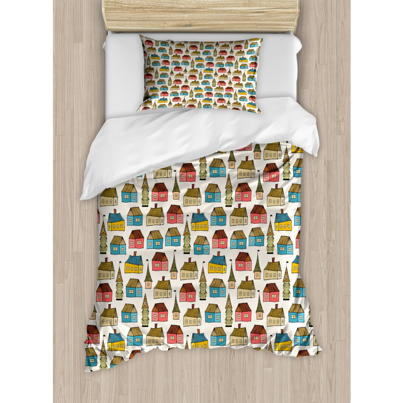 Hand Drawn Cartoon Houses Duvet Cover Set