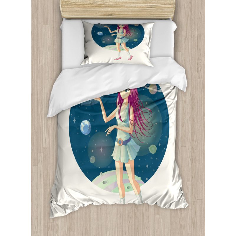 Girl with Stars in Space Duvet Cover Set