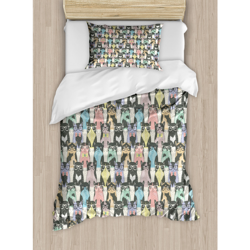 Hipster Cats with Glasses Duvet Cover Set