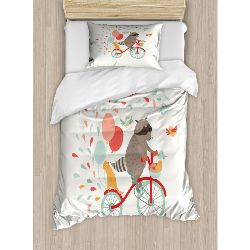 Cheerful Raccoon Bike Duvet Cover Set