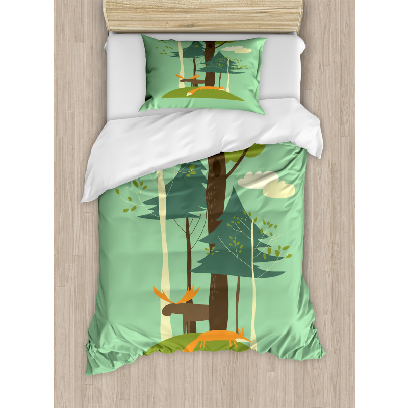 Elk and Fox in Forest Duvet Cover Set