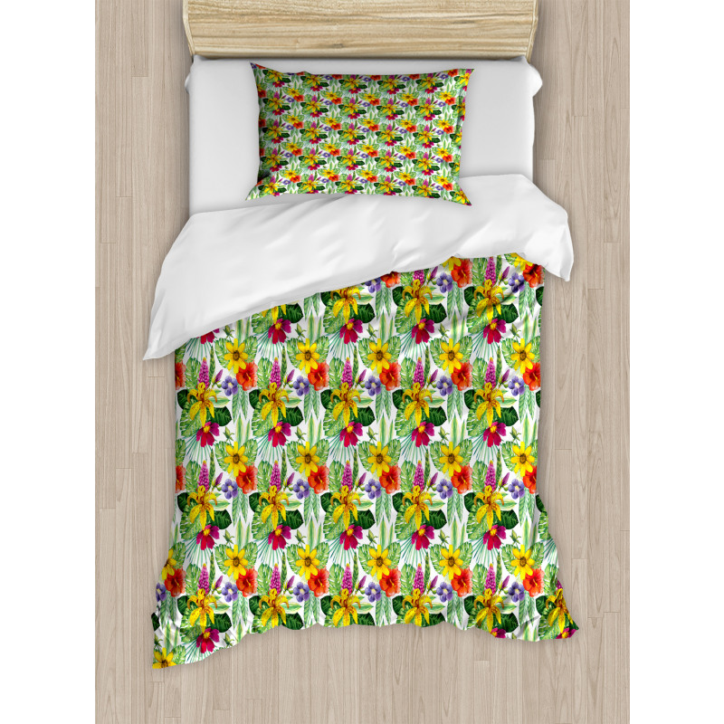 Lily Hibiscus Monstera Duvet Cover Set
