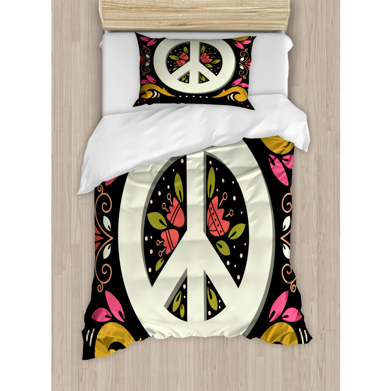 Peace Sign with Flowers Duvet Cover Set