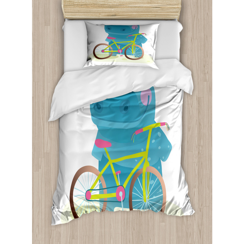 Hippo Child with Bicycle Duvet Cover Set