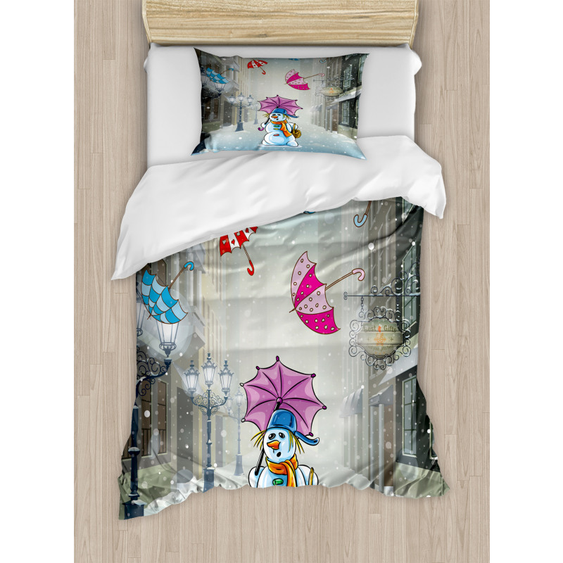 Cartoon Snowman and Umbrella Duvet Cover Set