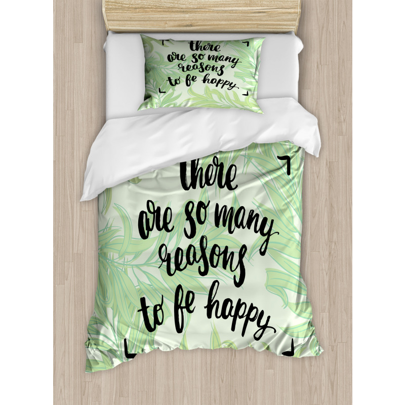 Green Leafy Branches Words Duvet Cover Set