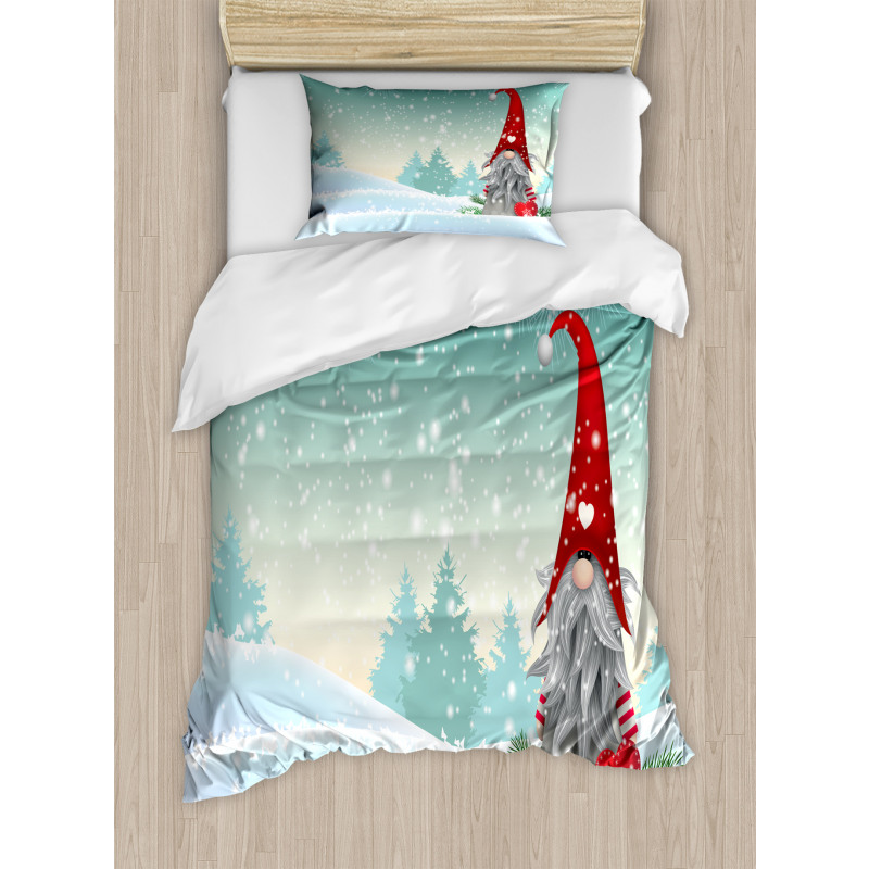 Elf Tomte Standing on Snow Duvet Cover Set