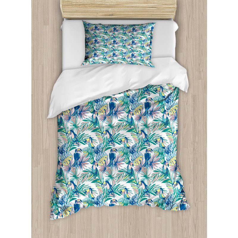 Toucan Bird Monstera Leaf Duvet Cover Set