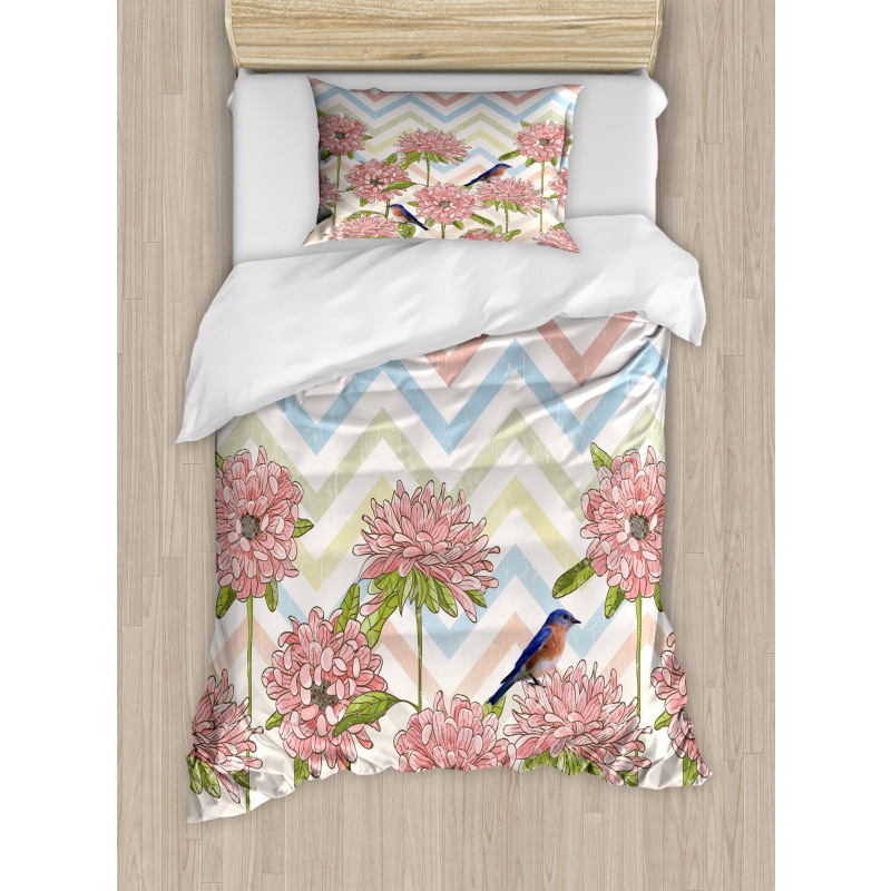 Zigzags Flowers and Birds Duvet Cover Set