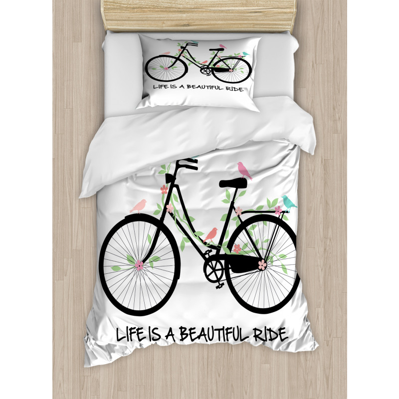 Vintage Bike Flowers Birds Duvet Cover Set