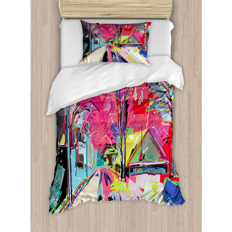 Funky Streets Sketch Trees Duvet Cover Set