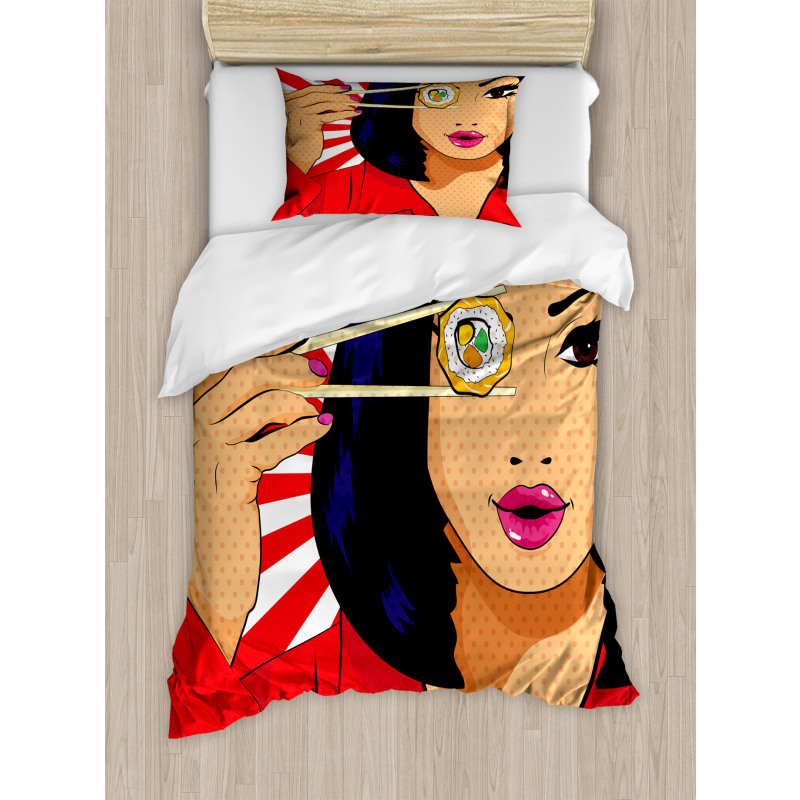 Pop Art Style Girl with Sushi Duvet Cover Set