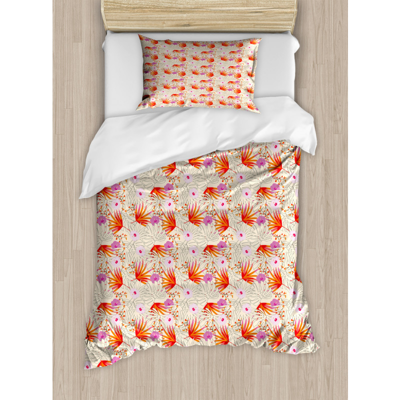 Plants and Hibiscus Flowers Duvet Cover Set