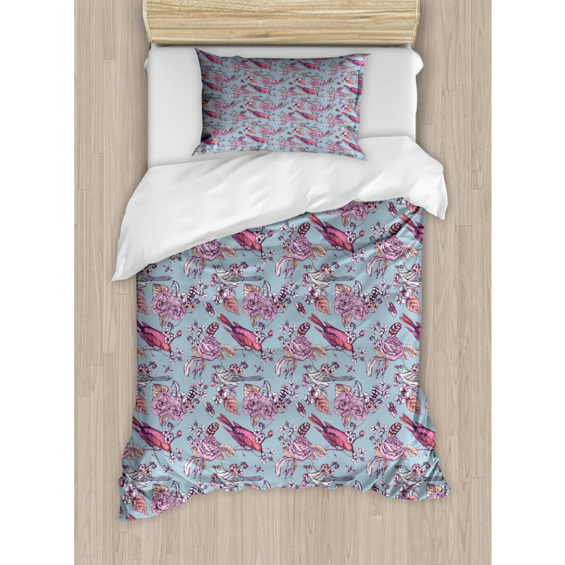 Perching Birds and Flowers Duvet Cover Set