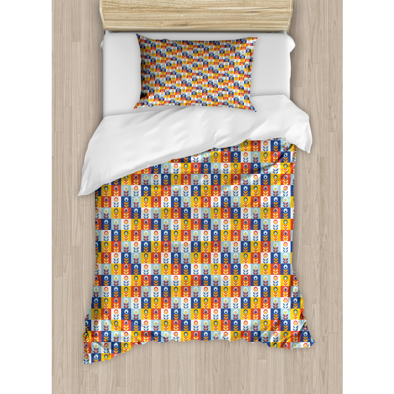 Checkered and Floral Duvet Cover Set