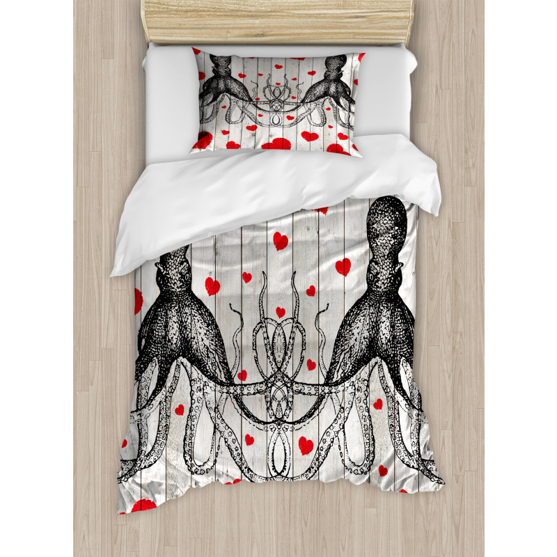 Octopus Sketch and Hearts Duvet Cover Set