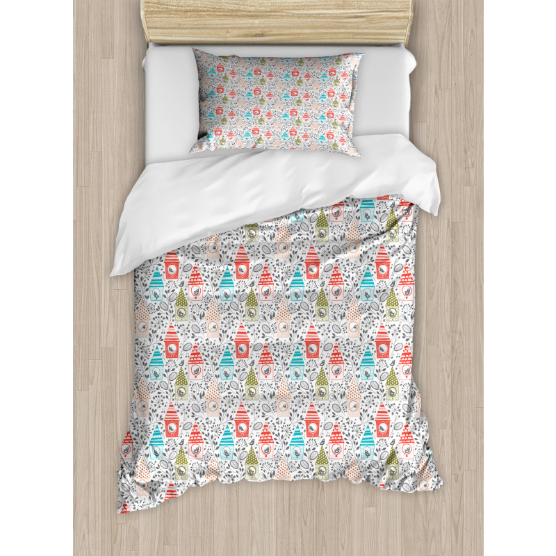 Flowers Sketch Bird Houses Duvet Cover Set