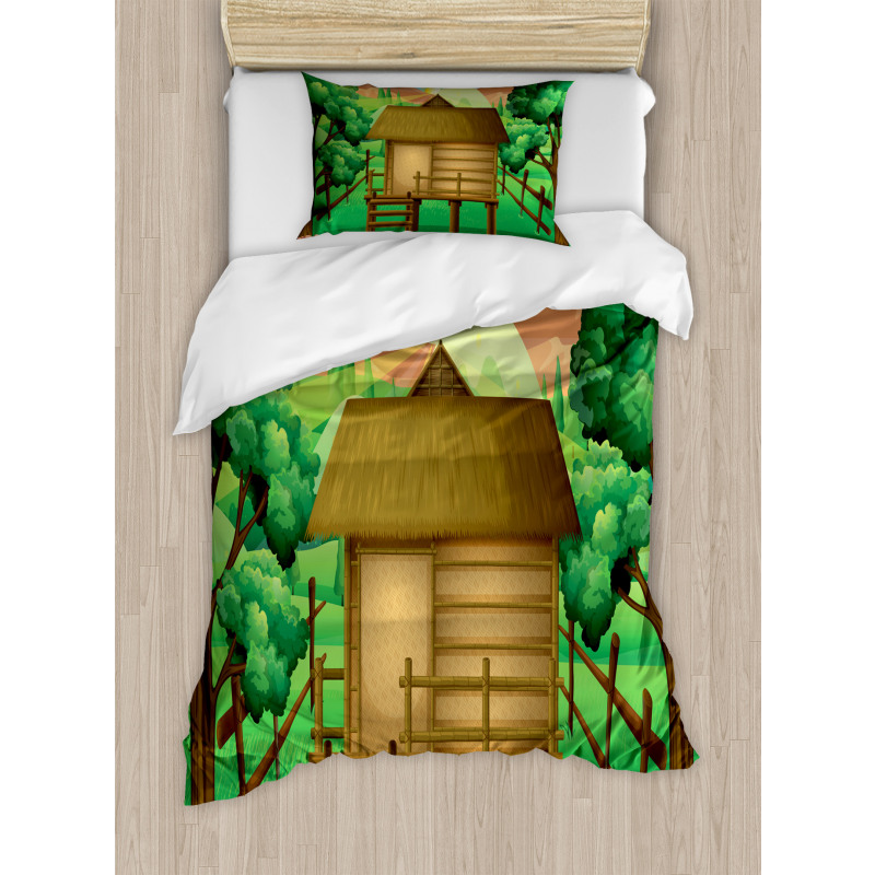 Wooden Hut Shelter and Sun Duvet Cover Set