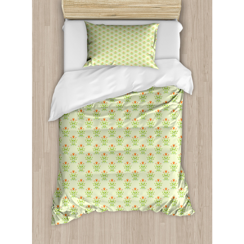 Orange Flower Green Leaf Duvet Cover Set