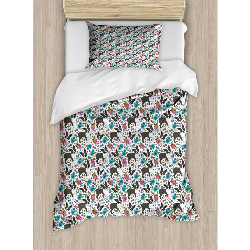 Boston Terriers and Flowers Duvet Cover Set