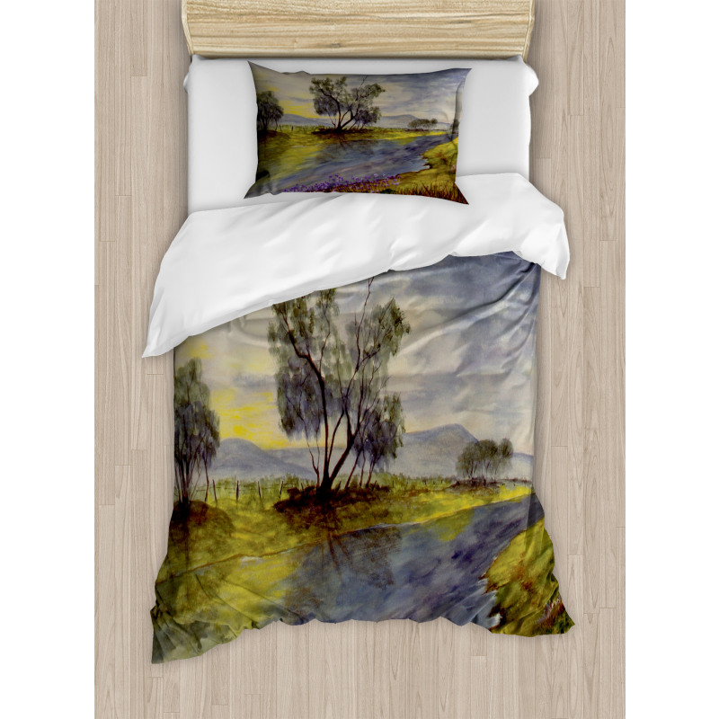 Watercolor River Scene Duvet Cover Set