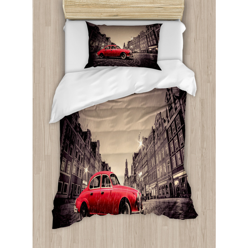 Retro Car on Cobblestone Road Duvet Cover Set