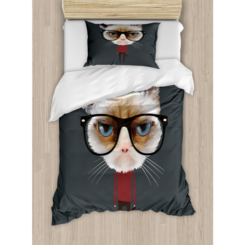 Hipster Feline with Giant Head Duvet Cover Set